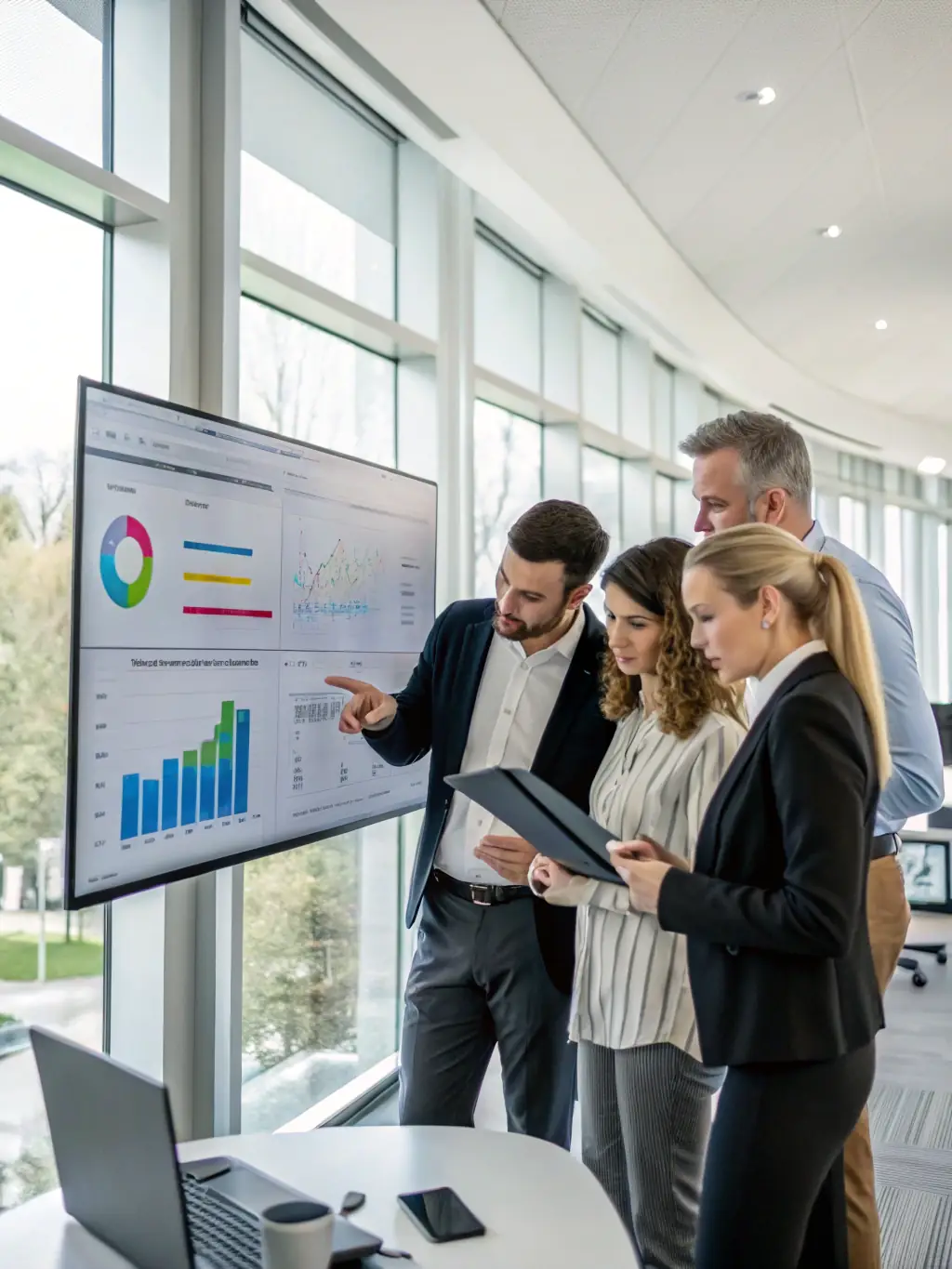 A team of PMO consultants analyzing project data on a large screen in a brightly lit office, showcasing the data-driven approach to PMO services.