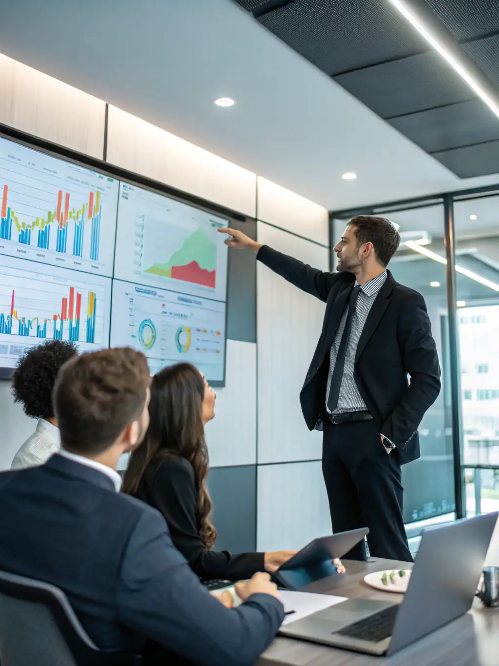 A project manager in a suit, reviewing a project timeline with a team in a modern office setting, emphasizing the planning and execution aspects of project management in the pharmaceutical industry.